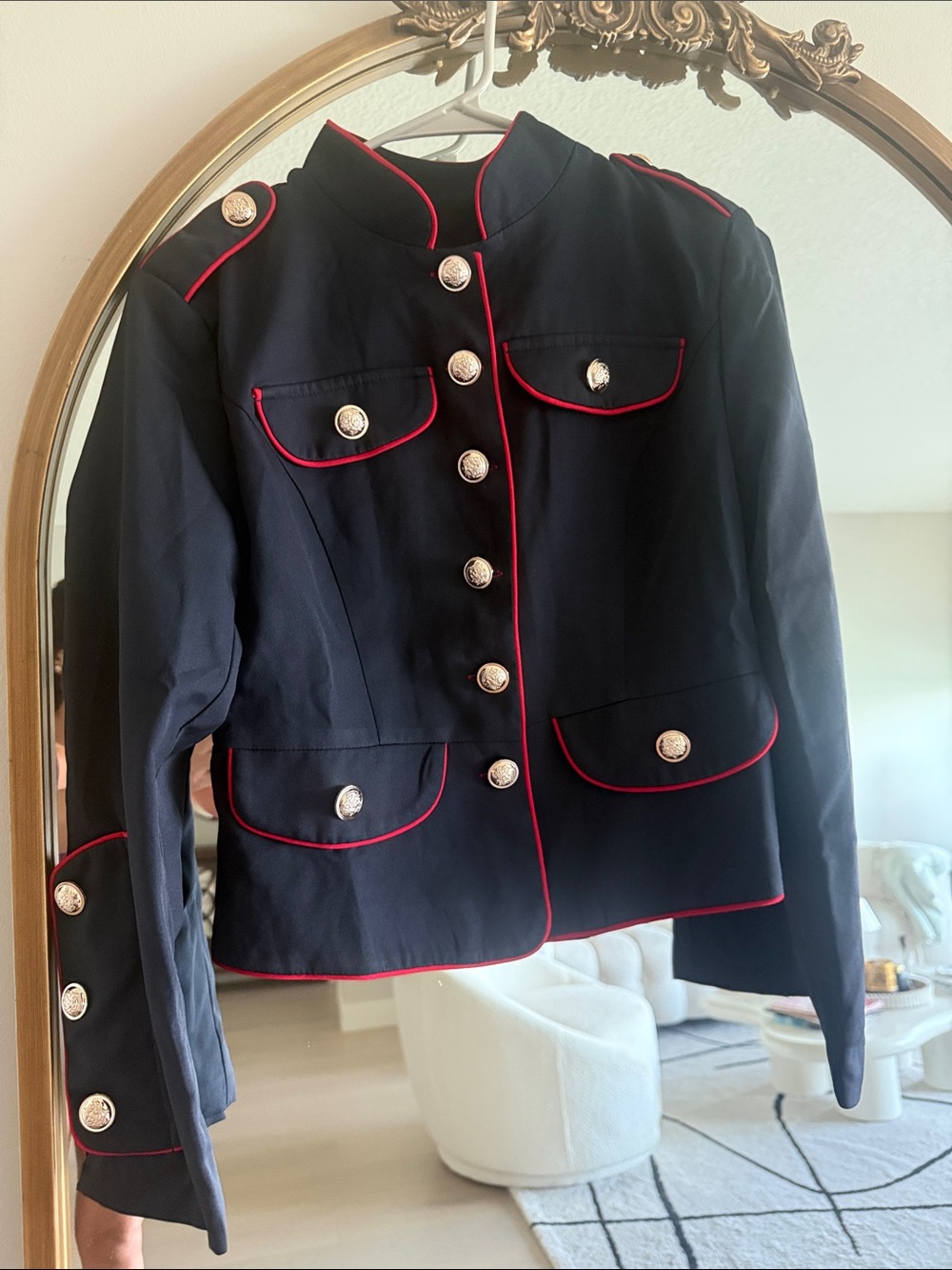 Women's Navy Military-Style Jacket with Red Piping